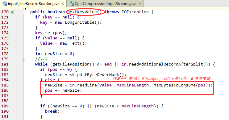 LineRecordReader的nextKeyValue具体的实现